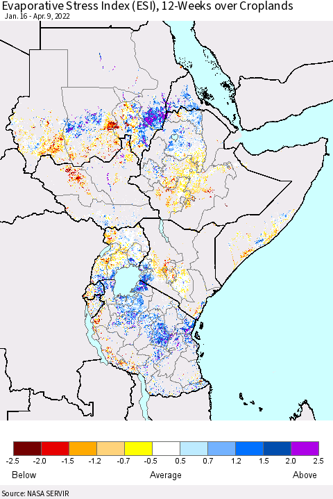 Eastern Africa Evaporative Stress Index (ESI), 12-Weeks over Croplands Thematic Map For 4/4/2022 - 4/10/2022