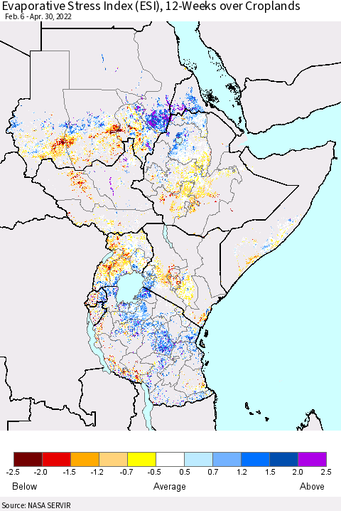 Eastern Africa Evaporative Stress Index (ESI), 12-Weeks over Croplands Thematic Map For 4/25/2022 - 5/1/2022