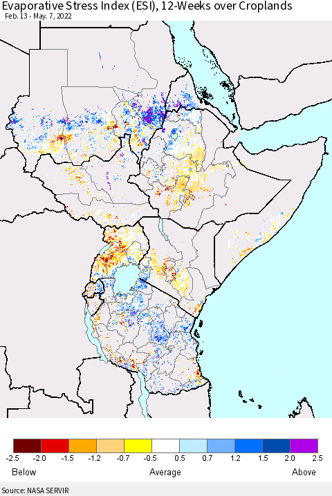 Eastern Africa Evaporative Stress Index (ESI), 12-Weeks over Croplands Thematic Map For 5/2/2022 - 5/8/2022
