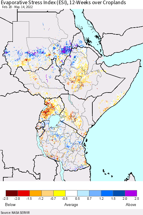 Eastern Africa Evaporative Stress Index (ESI), 12-Weeks over Croplands Thematic Map For 5/9/2022 - 5/15/2022