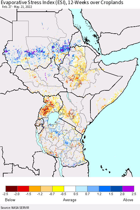 Eastern Africa Evaporative Stress Index (ESI), 12-Weeks over Croplands Thematic Map For 5/16/2022 - 5/22/2022