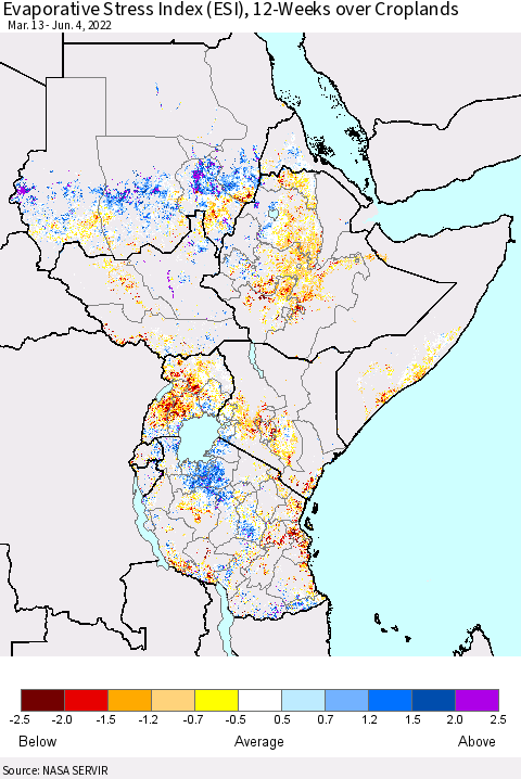 Eastern Africa Evaporative Stress Index (ESI), 12-Weeks over Croplands Thematic Map For 5/30/2022 - 6/5/2022