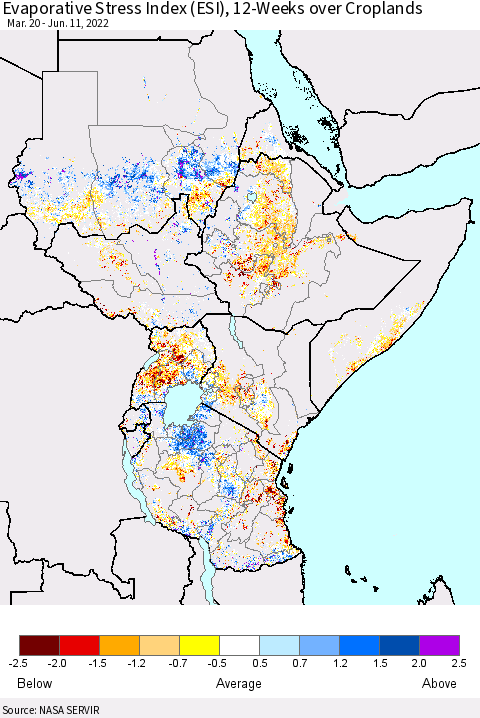 Eastern Africa Evaporative Stress Index (ESI), 12-Weeks over Croplands Thematic Map For 6/6/2022 - 6/12/2022
