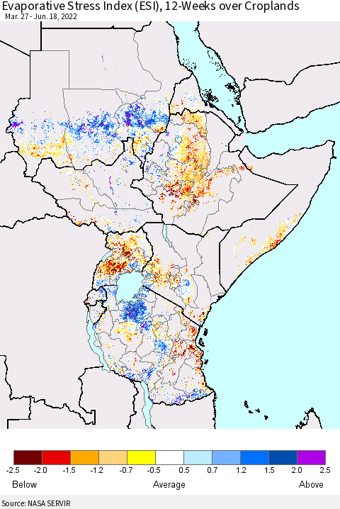 Eastern Africa Evaporative Stress Index (ESI), 12-Weeks over Croplands Thematic Map For 6/13/2022 - 6/19/2022