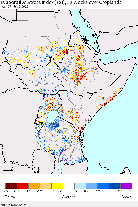 Eastern Africa Evaporative Stress Index (ESI), 12-Weeks over Croplands Thematic Map For 7/4/2022 - 7/10/2022