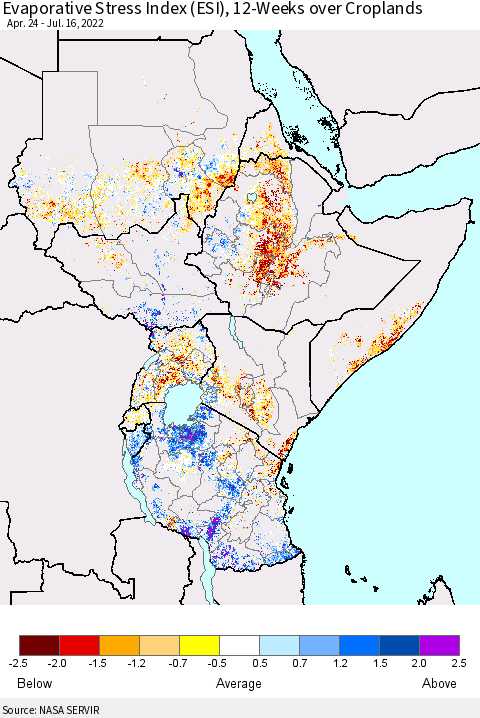 Eastern Africa Evaporative Stress Index (ESI), 12-Weeks over Croplands Thematic Map For 7/11/2022 - 7/17/2022