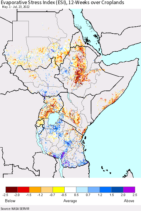 Eastern Africa Evaporative Stress Index (ESI), 12-Weeks over Croplands Thematic Map For 7/18/2022 - 7/24/2022
