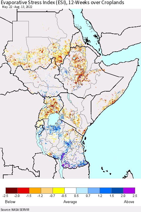 Eastern Africa Evaporative Stress Index (ESI), 12-Weeks over Croplands Thematic Map For 8/8/2022 - 8/14/2022