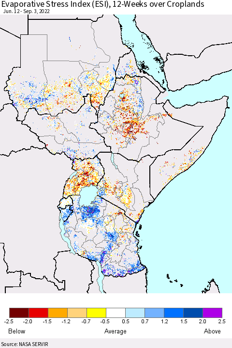 Eastern Africa Evaporative Stress Index (ESI), 12-Weeks over Croplands Thematic Map For 8/29/2022 - 9/4/2022