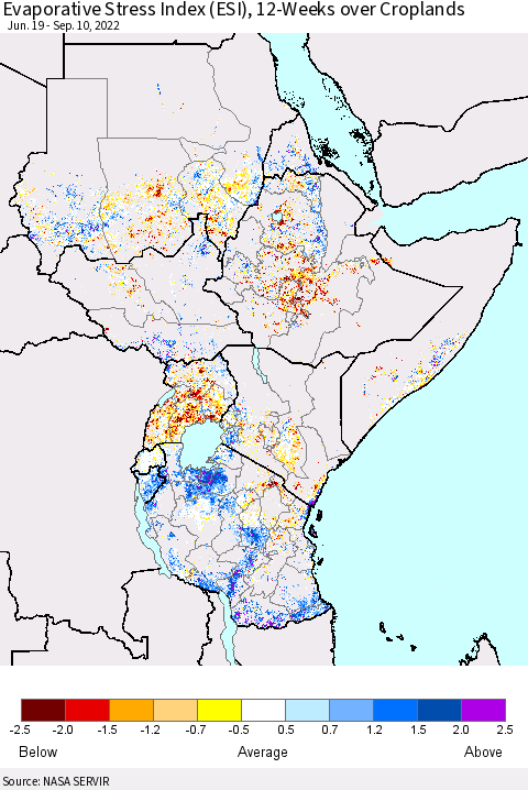 Eastern Africa Evaporative Stress Index (ESI), 12-Weeks over Croplands Thematic Map For 9/5/2022 - 9/11/2022