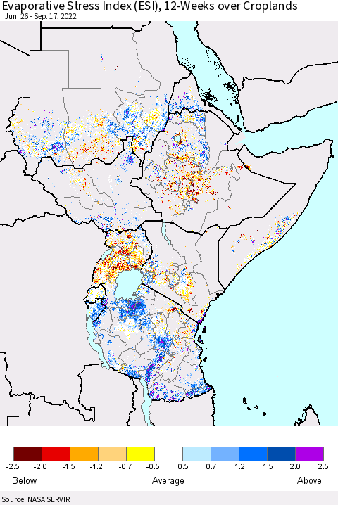 Eastern Africa Evaporative Stress Index (ESI), 12-Weeks over Croplands Thematic Map For 9/12/2022 - 9/18/2022