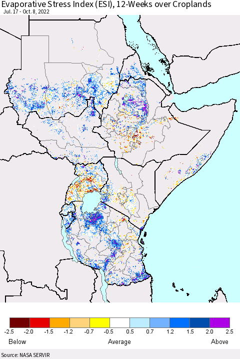 Eastern Africa Evaporative Stress Index (ESI), 12-Weeks over Croplands Thematic Map For 10/3/2022 - 10/9/2022