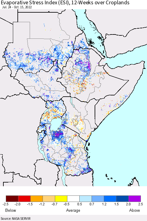 Eastern Africa Evaporative Stress Index (ESI), 12-Weeks over Croplands Thematic Map For 10/10/2022 - 10/16/2022