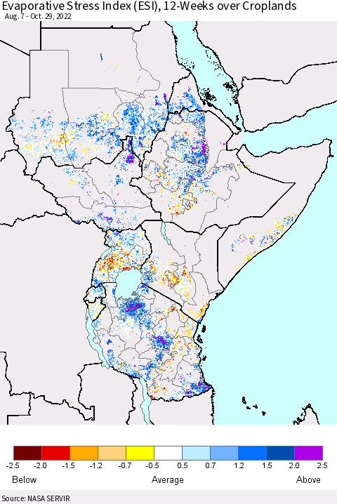 Eastern Africa Evaporative Stress Index (ESI), 12-Weeks over Croplands Thematic Map For 10/24/2022 - 10/30/2022