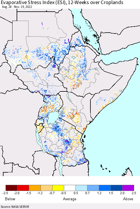 Eastern Africa Evaporative Stress Index (ESI), 12-Weeks over Croplands Thematic Map For 11/14/2022 - 11/20/2022