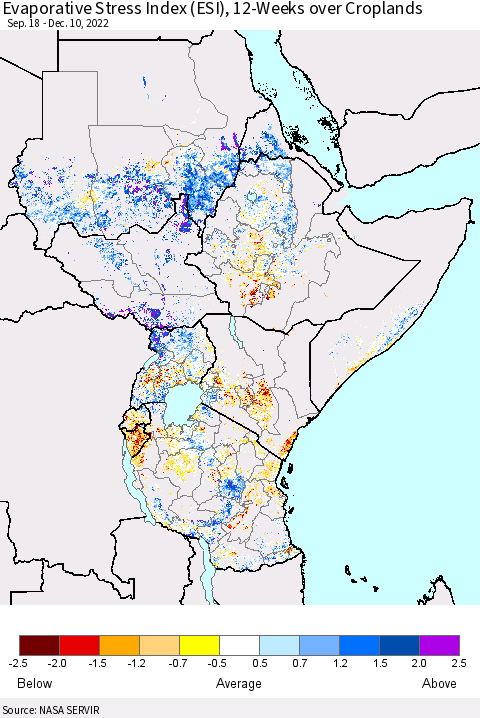 Eastern Africa Evaporative Stress Index (ESI), 12-Weeks over Croplands Thematic Map For 12/5/2022 - 12/11/2022