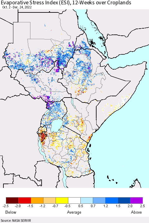 Eastern Africa Evaporative Stress Index (ESI), 12-Weeks over Croplands Thematic Map For 12/19/2022 - 12/25/2022