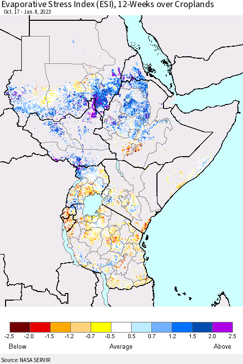 Eastern Africa Evaporative Stress Index (ESI), 12-Weeks over Croplands Thematic Map For 1/2/2023 - 1/8/2023