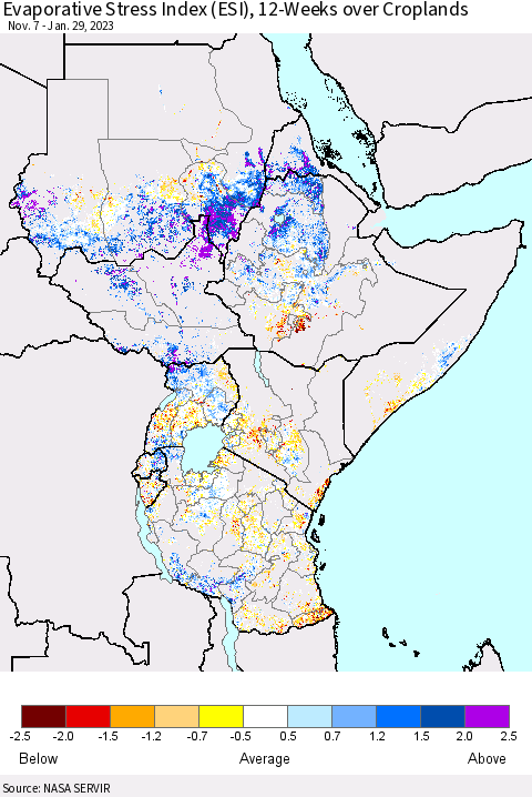 Eastern Africa Evaporative Stress Index (ESI), 12-Weeks over Croplands Thematic Map For 1/23/2023 - 1/29/2023