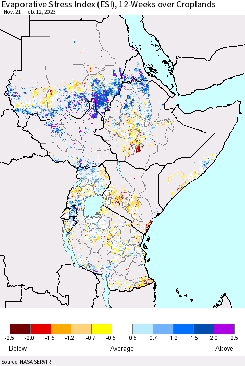Eastern Africa Evaporative Stress Index (ESI), 12-Weeks over Croplands Thematic Map For 2/6/2023 - 2/12/2023