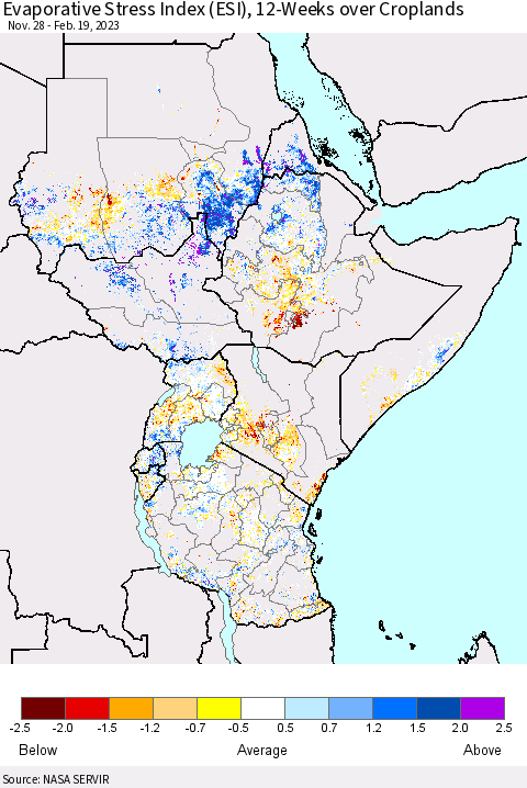 Eastern Africa Evaporative Stress Index (ESI), 12-Weeks over Croplands Thematic Map For 2/13/2023 - 2/19/2023