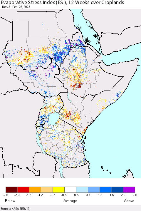 Eastern Africa Evaporative Stress Index (ESI), 12-Weeks over Croplands Thematic Map For 2/20/2023 - 2/26/2023