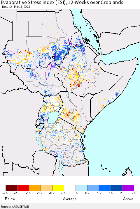 Eastern Africa Evaporative Stress Index (ESI), 12-Weeks over Croplands Thematic Map For 2/27/2023 - 3/5/2023