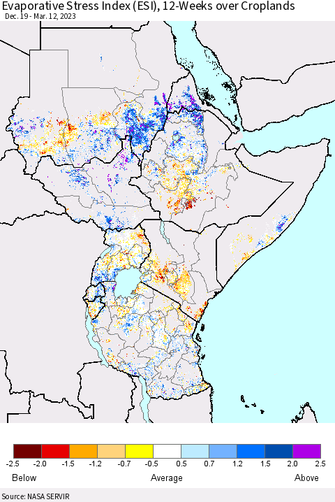 Eastern Africa Evaporative Stress Index (ESI), 12-Weeks over Croplands Thematic Map For 3/6/2023 - 3/12/2023