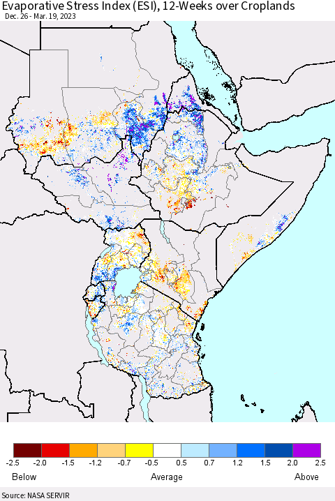 Eastern Africa Evaporative Stress Index (ESI), 12-Weeks over Croplands Thematic Map For 3/13/2023 - 3/19/2023