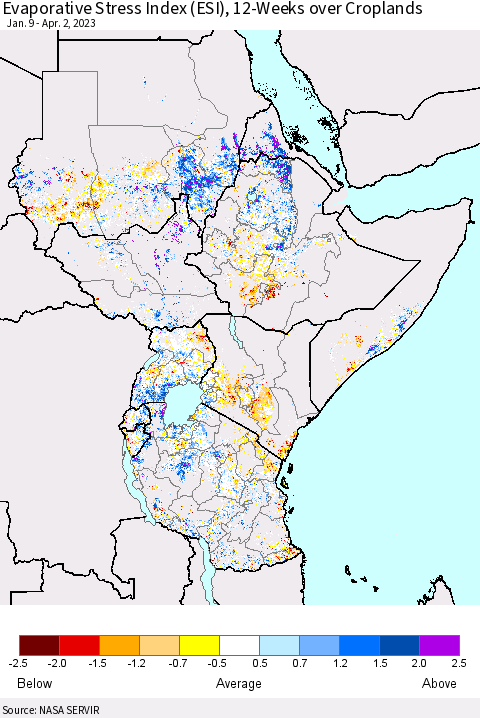 Eastern Africa Evaporative Stress Index (ESI), 12-Weeks over Croplands Thematic Map For 3/27/2023 - 4/2/2023
