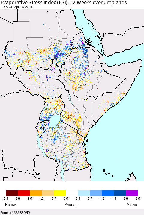 Eastern Africa Evaporative Stress Index (ESI), 12-Weeks over Croplands Thematic Map For 4/10/2023 - 4/16/2023