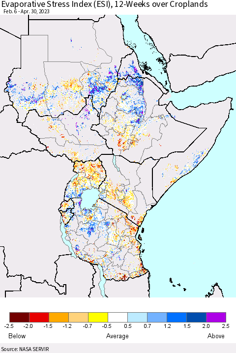 Eastern Africa Evaporative Stress Index (ESI), 12-Weeks over Croplands Thematic Map For 4/24/2023 - 4/30/2023
