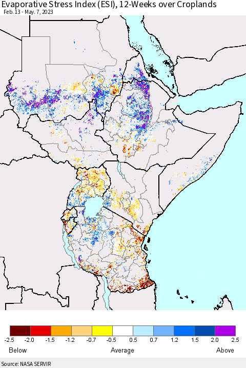 Eastern Africa Evaporative Stress Index (ESI), 12-Weeks over Croplands Thematic Map For 5/1/2023 - 5/7/2023
