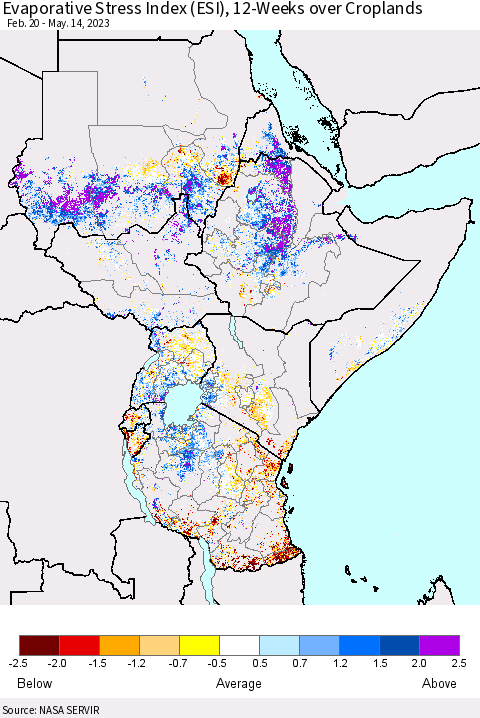 Eastern Africa Evaporative Stress Index (ESI), 12-Weeks over Croplands Thematic Map For 5/8/2023 - 5/14/2023