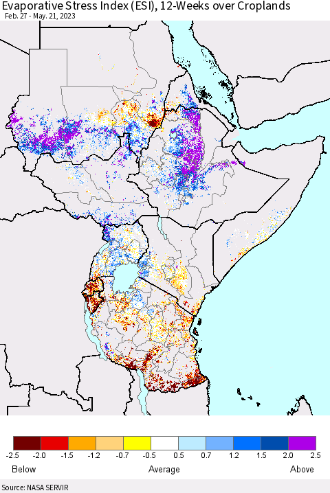 Eastern Africa Evaporative Stress Index (ESI), 12-Weeks over Croplands Thematic Map For 5/15/2023 - 5/21/2023