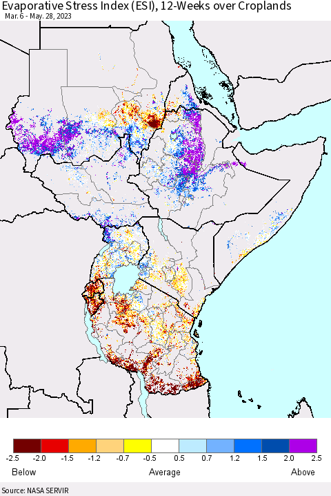 Eastern Africa Evaporative Stress Index (ESI), 12-Weeks over Croplands Thematic Map For 5/22/2023 - 5/28/2023