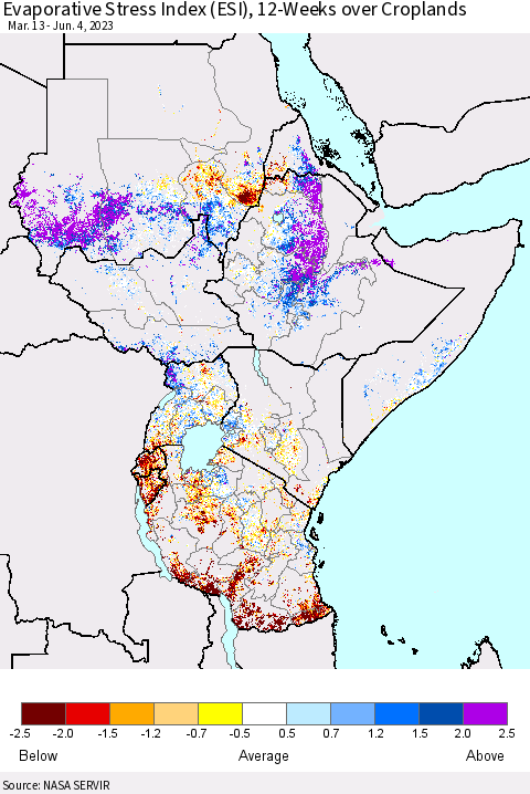 Eastern Africa Evaporative Stress Index (ESI), 12-Weeks over Croplands Thematic Map For 5/29/2023 - 6/4/2023