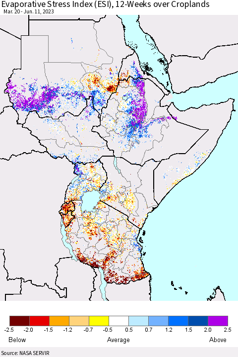 Eastern Africa Evaporative Stress Index (ESI), 12-Weeks over Croplands Thematic Map For 6/5/2023 - 6/11/2023