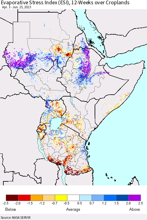 Eastern Africa Evaporative Stress Index (ESI), 12-Weeks over Croplands Thematic Map For 6/19/2023 - 6/25/2023