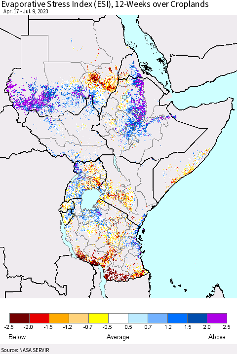 Eastern Africa Evaporative Stress Index (ESI), 12-Weeks over Croplands Thematic Map For 7/3/2023 - 7/9/2023