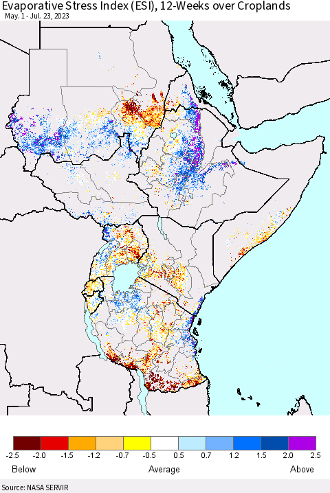Eastern Africa Evaporative Stress Index (ESI), 12-Weeks over Croplands Thematic Map For 7/17/2023 - 7/23/2023