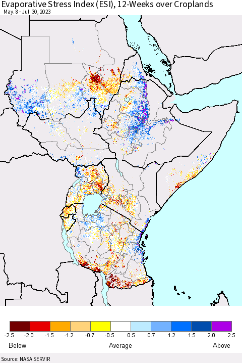 Eastern Africa Evaporative Stress Index (ESI), 12-Weeks over Croplands Thematic Map For 7/24/2023 - 7/30/2023