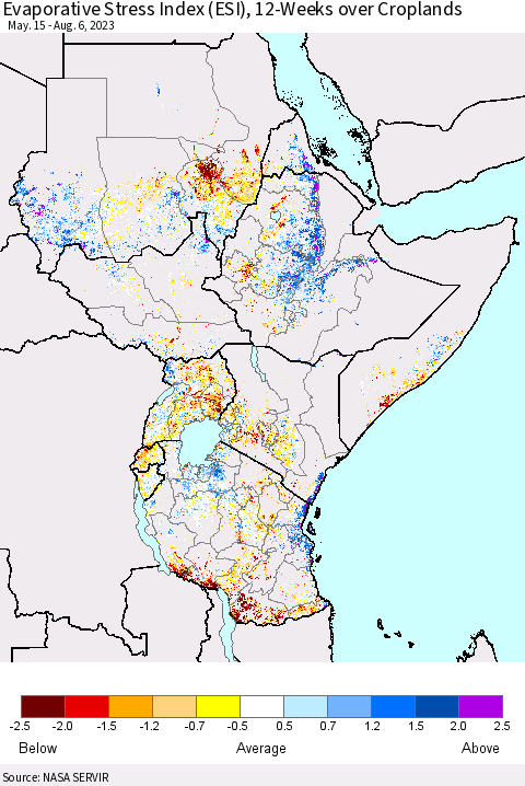 Eastern Africa Evaporative Stress Index (ESI), 12-Weeks over Croplands Thematic Map For 7/31/2023 - 8/6/2023