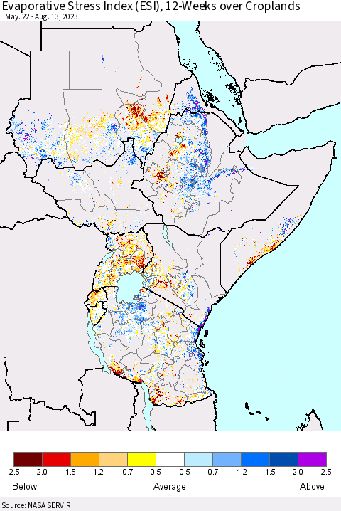 Eastern Africa Evaporative Stress Index (ESI), 12-Weeks over Croplands Thematic Map For 8/7/2023 - 8/13/2023