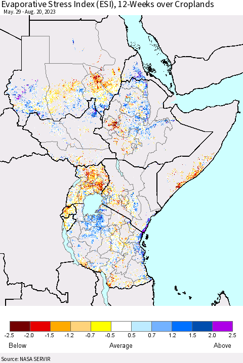 Eastern Africa Evaporative Stress Index (ESI), 12-Weeks over Croplands Thematic Map For 8/14/2023 - 8/20/2023