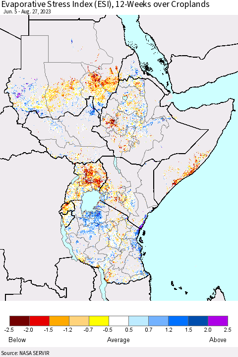 Eastern Africa Evaporative Stress Index (ESI), 12-Weeks over Croplands Thematic Map For 8/21/2023 - 8/27/2023