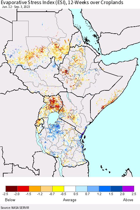Eastern Africa Evaporative Stress Index (ESI), 12-Weeks over Croplands Thematic Map For 8/28/2023 - 9/3/2023