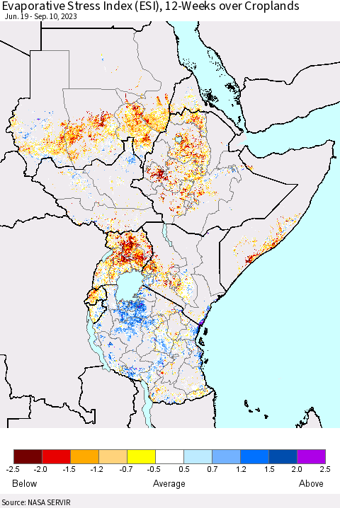 Eastern Africa Evaporative Stress Index (ESI), 12-Weeks over Croplands Thematic Map For 9/4/2023 - 9/10/2023