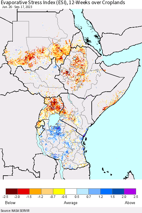 Eastern Africa Evaporative Stress Index (ESI), 12-Weeks over Croplands Thematic Map For 9/11/2023 - 9/17/2023