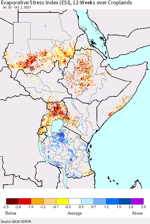 Eastern Africa Evaporative Stress Index (ESI), 12-Weeks over Croplands Thematic Map For 9/25/2023 - 10/1/2023